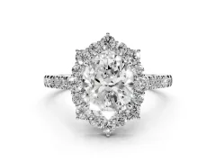 Oval Cut Diamond Halo Ring Set in Platinum with Pavé Band and Prong Setting