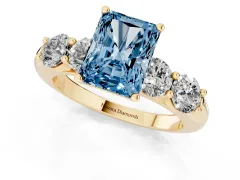 Fancy Blue Radiant Cut Diamond Five-Stone Prong Set Ring Set in Yellow gold with Classic Band