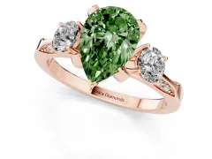 Fancy Green Pear Cut Diamond Three-Stone Ring Set in Rose gold with Pavé Band and Smaller Side Stones