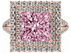 Fancy Pink Princess Cut Diamond Double Halo Ring Set in Rose gold with Pavé Band