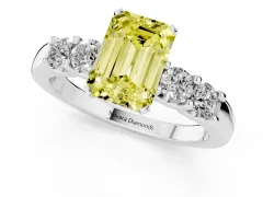Fancy Yellow Emerald Cut Diamond Five-Stone Prong Set Engagement Ring Set in White gold with Channel Band