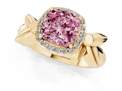 Fancy Pink Cushion Cut Diamond Halo Floral Band Ring Set in Yellow gold with Prong Setting