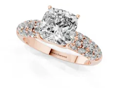 Cushion Cut Diamond Pavé Band Solitaire Ring Set in Rose gold with Close-Set Accent Stones and Prong Setting