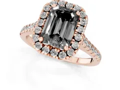 Fancy Black Emerald Cut Diamond Cushion Halo Ring Set in Rose gold with Pavé Band