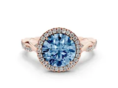 Fancy Blue Round Cut Diamond Halo Twist Band Solitaire Ring Set in Rose gold with Prong Setting