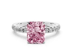 Fancy Pink Radiant Cut Diamond Pavé Solitaire Engagement Ring Set in White gold with Prong Setting