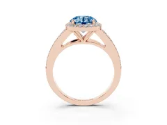 Fancy Blue Round Cut Diamond Halo Split Shank Ring Set in Rose gold with Accent Stones and Prong Setting