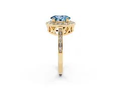 Fancy Blue Oval Cut Diamond Halo Ring Set in Yellow gold with Accent-Lined Split Shank and Prong Setting