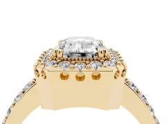 Emerald Cut Diamond Halo Ring Set in Yellow gold with Pavé Shank and Prong Setting