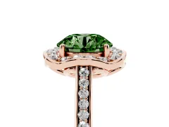 Fancy Green Round Cut Diamond Halo Ring Set in Rose gold with Pavé-Lined Shoulders and Prong Setting