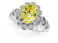 Fancy Yellow Oval Cut Diamond Solitaire Ring Set in Silver with Milgrain Pavé Heart Band