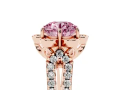 Fancy Pink Round Cut Diamond Floral Halo Split Shank Engagement Ring Set in Rose gold with Pavé Shank