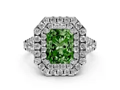 Fancy Green Radiant Cut Diamond Double Halo Ring Set in White gold with Pavé Split Shank and Prong Setting