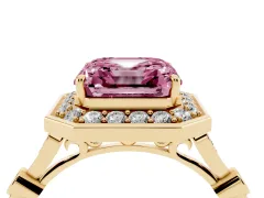 Fancy Pink Asscher Cut Diamond Halo Engagement Ring Set in Yellow gold with Twisted Band and Prong Setting