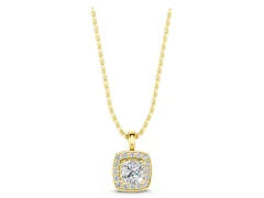 Round Diamond Cushion Halo Pendant Set in Yellow gold with Four-Prong Center