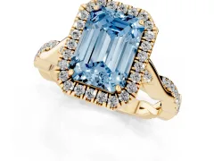 Fancy Blue Emerald Cut Diamond Halo Twist Band Solitaire Ring Set in Yellow gold with Prong Setting