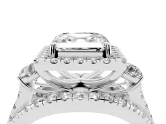 Asscher Cut Diamond Halo Split Shank Ring Set in Silver with Round Accent Stones and Prong Setting