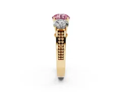 Fancy Pink Round Cut Diamond Three-Stone Ring Set in Yellow gold with Textured Band