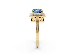 Fancy Blue Princess Cut Diamond Halo Ring Set in Yellow gold with Accent-Lined Split Shank and Prong Setting