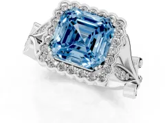 Fancy Blue Asscher Cut Diamond Halo Ring Set in Silver with Leaf Motif Split Shank and Prong Setting