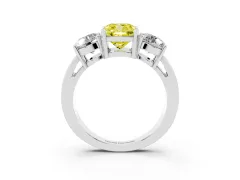 Fancy Yellow Cushion Cut Diamond Three-Stone Ring Set in Silver with Round Side Stones and Classic Band