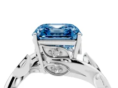 Fancy Blue Asscher Cut Diamond Solitaire Twist Engagement Ring Set in White gold with Pavé Leaf Accents