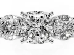 Cushion Cut Diamond Three-Stone Ring Set in White gold with Round Side Stones and Classic Band