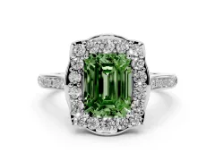 Fancy Green Emerald Cut Diamond Halo Ring Set in White gold with Pavé-Lined Shoulders and Prong Setting