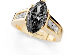 Fancy Black Marquise Cut Diamond Solitaire Ring Set in Yellow gold with Channel-Set Accent Stones and Prong Setting