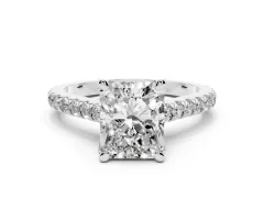 Radiant Cut Diamond Solitaire Ring Set in White gold with Brilliant Pavé Band and Prong Setting