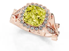 Fancy Yellow Cushion Cut Diamond Halo Ring Set in Rose gold with Leaf Motif Split Shank and Prong Setting