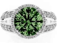 Fancy Green Round Cut Diamond Halo Ring Set in White gold with Double Pavé Split Shank
