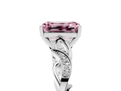 Fancy Pink Emerald Cut Diamond Vine Band Solitaire Ring Set in Silver with Milgrain Prong Setting