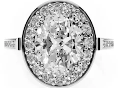 Oval Cut Diamond Halo Ring Set in Platinum with Accent-Lined Split Shank and Prong Setting