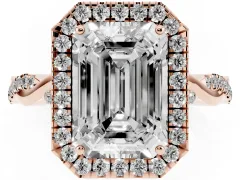 Emerald Cut Diamond Halo Twist Band Solitaire Ring Set in Rose gold with Prong Setting