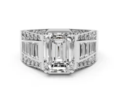 Emerald Cut Diamond Mens Ring Set in Platinum with Baguette and Round Side Stones