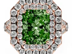Fancy Green Radiant Cut Diamond Double Halo Ring Set in Rose gold with Pavé Split Shank and Prong Setting