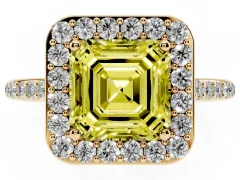 Fancy Yellow Asscher Cut Diamond Halo Engagement Ring Set in Yellow gold with Round Pavé Shoulders and Heart Gallery