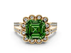Fancy Green Asscher Cut Diamond Floral Halo Split Shank Engagement Ring Set in Yellow gold with Pavé Shank