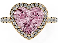 Fancy Pink Heart Cut Diamond Halo Ring Set in Yellow gold with Pavé Shoulders and Halo-Framed Center
