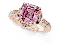 Fancy Pink Asscher Cut Diamond Halo Ring Set in Rose gold with Channel Set Band and Prong Setting