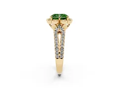 Fancy Green Radiant Cut Diamond Floral Halo Split Shank Engagement Ring Set in Yellow gold with Pavé Shank