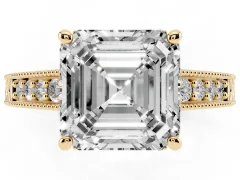 Asscher Cut Diamond Solitaire Pavé Milgrain Engagement Ring Set in Yellow gold with Prong Setting