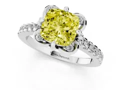Fancy Yellow Cushion Cut Diamond Solitaire Ring Set in Silver with Pavé Band and Floral Prong Setting