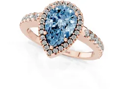 Fancy Blue Pear Cut Diamond Halo Ring Set in Rose gold with Pavé Shoulders and Halo-Framed Center
