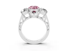 Fancy Pink Round Cut Diamond Three-Stone Ring Set in Platinum with Textured Band