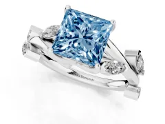 Fancy Blue Princess Cut Diamond Solitaire Ring Set in White gold with Twisted Marquise Accent Band