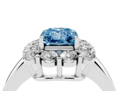 Fancy Blue Radiant Cut Diamond Halo Cluster Engagement Ring Set in Platinum with Polished Band and Prong Setting