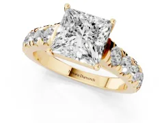 Princess Cut Diamond Solitaire Ring Set in Yellow gold with Cut-Down Micro Pavé Band and Prong Setting