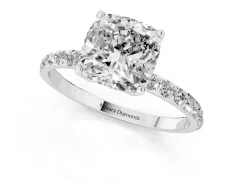 Cushion Cut Diamond Solitaire Engagement Ring Set in White gold with Round Pavé Band and Prong Setting